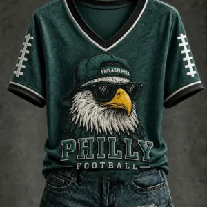 Women's Football Eagles Printed V-neck T-shirt V7