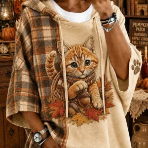Women's Autumn Maple Leaf Cute Cat Casual Loose Hoodie