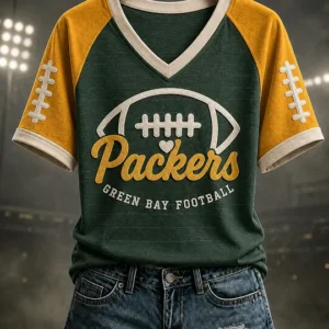 Women's Green Bay Football Printed V-neck T-shirt V3