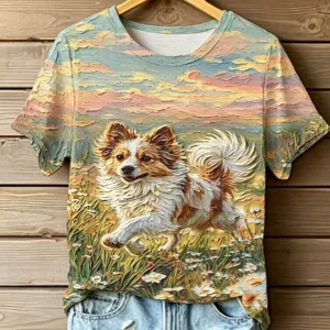 Women's STOP ANIMAL ABUSE Wangwang V-neck off-shoulder short-sleeved T-shirt V5
