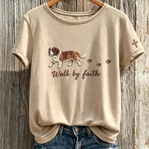 Women's Walk by Faith Walking Saint Bernard Dog Print short-sleeved T-shirt
