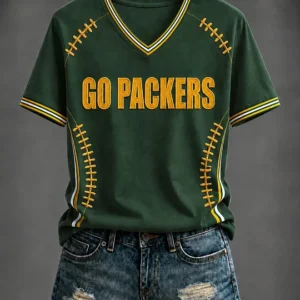 Women's Green Bay Packers Football Printed V-neck T-shirt V10