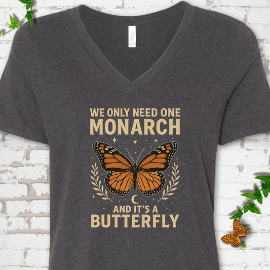 OneMonarchButterfly OneMonarchButterfly V NeckMockup DarkGreyHeather