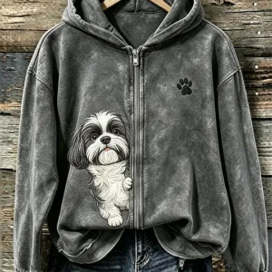 Women's Peeking Shih Tzu Dog & Paw Print Full Zip Cozy Hoodie