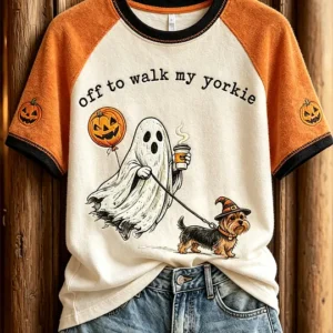 Women's Halloween Ghost Off to Walk My Yorkie Print short sleeve T-shirt