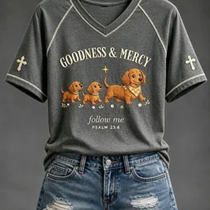 Women's Goodness & Mercy Dachshund Follow Me Print V-neck Short-sleeved T-shirt