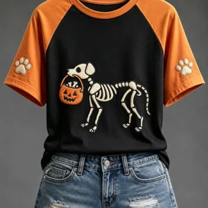 Women's Halloween Skull Dog Print Round Neck Short Sleeve T-shirt v3