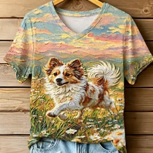 Women's STOP ANIMAL ABUSE Wangwang V-neck off-shoulder short-sleeved T-shirt V7