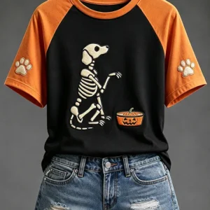 Women's Halloween Skull Dog Print Round Neck Short Sleeve T-shirt v1