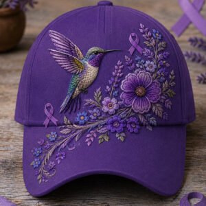Unisex Purple Floral & Hummingbird Print Alzheimer's Awareness Support Hat 2