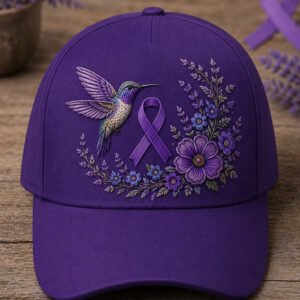 Unisex Purple Floral & Hummingbird Print Alzheimer's Awareness Support Hat 3