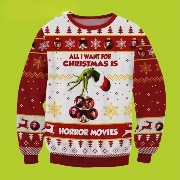 All I Want For Christmas Is Horror Movies Grinch Hand Holding Ornament Funny Xmas Sweaters 1 600x600 1