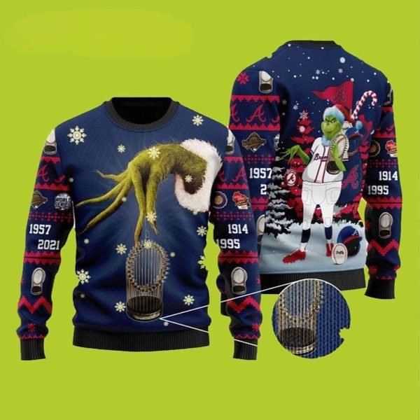 Atlanta Braves World Series Champions Grinch Hand Funny Xmas Sweaters Grinch Ugly Sweater 1 600x600 1