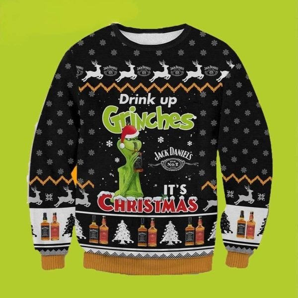 Drink Up Grinches Its Christmas Jack Daniels Whisky Funny Xmas Sweaters Grinch Ugly Sweater 1 600x600 1