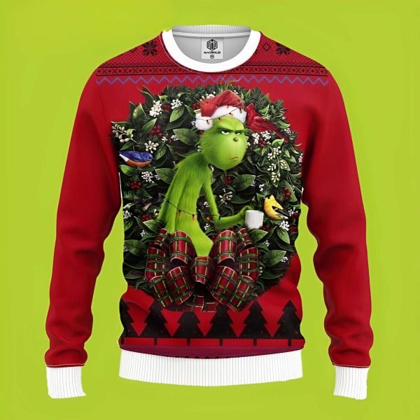 Grinch Sad Face With Cup Noel Funny Xmas Sweaters Grinch Ugly Sweater 1 600x600 1