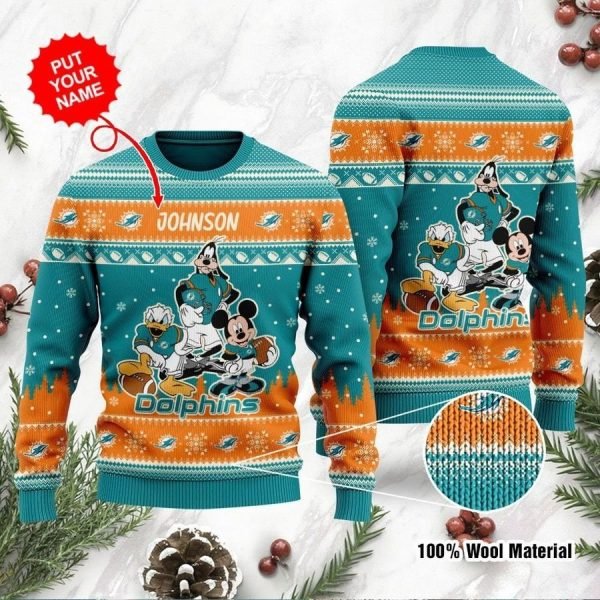 Personalized Miami Dolphins Donald Mickey Goofy Disney Ugly Christmas Sweater 1 600x600 1