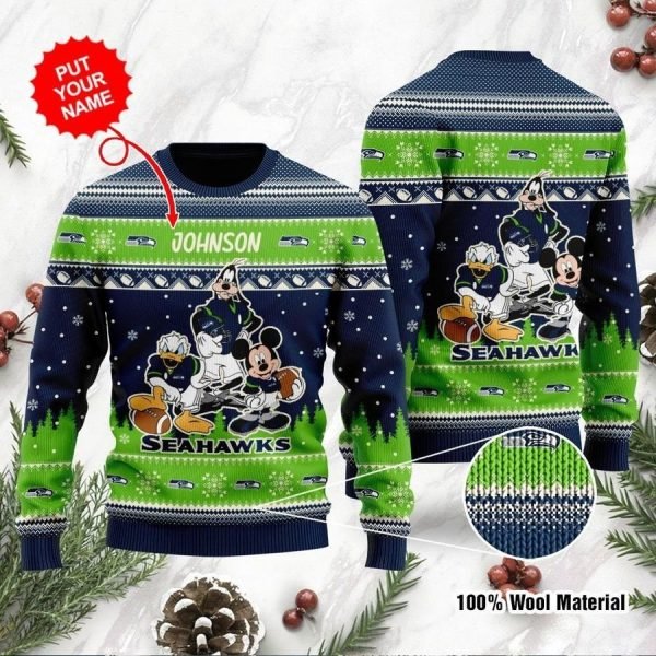 Personalized Seattle Seahawks Mickey Donald Goofy Disney Ugly Christmas Sweater 1 600x600 1