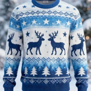 Men's Blue Christmas Sweater Reindeer Fair Isle Winter Holiday Pullover Crewneck